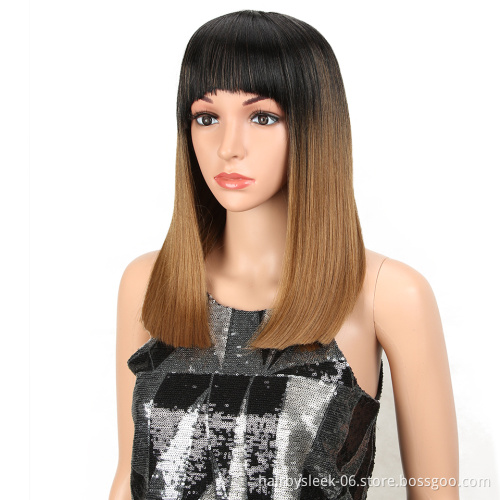 14Inches Short Bob Wig With Neat Bangs silk Straight Hair Extension None Lace Heat Resistant Fiber Synthetic Hair Wigs for women